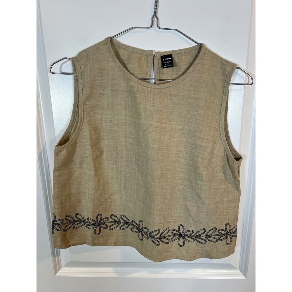 SHEIN‎ Womens Top Floral Embroidered Hem Tan XS